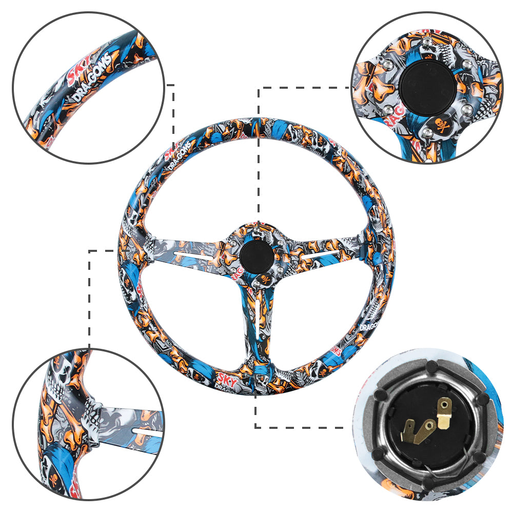 BRAND NEW UNIVERSAL 350MM 14'' Stickerbomb Style Acrylic Deep Dish 6 Holes Steering Wheel w/Horn Button Cover