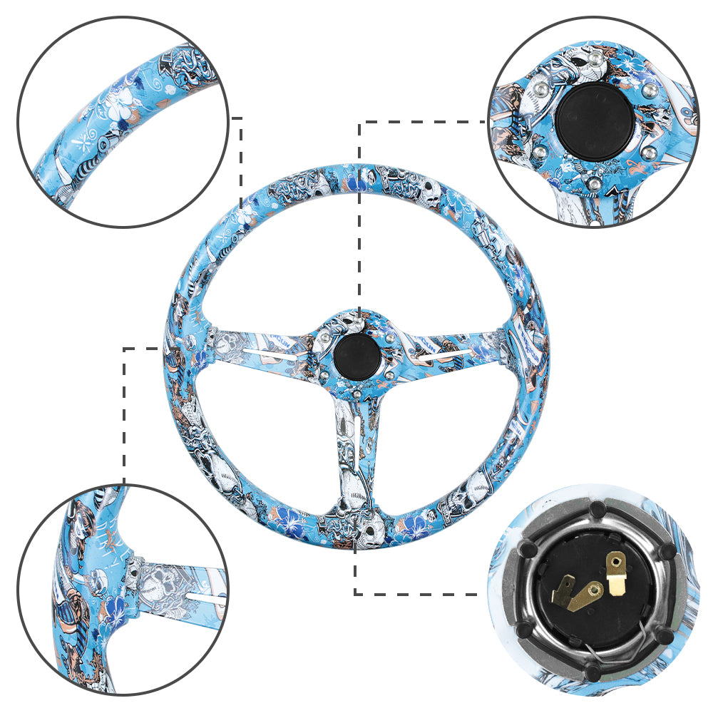 BRAND NEW UNIVERSAL 350MM 14'' Graphic Skull Look Style Acrylic Deep Dish 6 Holes Steering Wheel w/Horn Button Cover