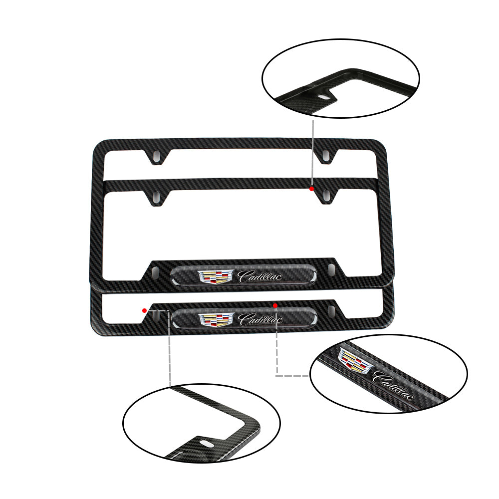 Brand New Universal 2PCS CADILLAC Carbon Fiber Look Metal License Plate Frame