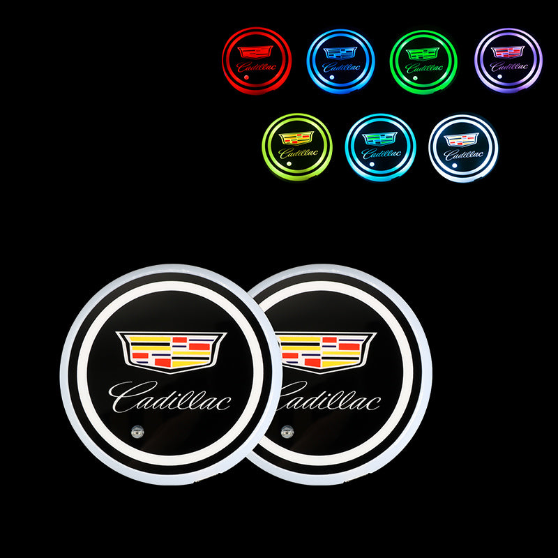 BRAND NEW UNIVERSAL V2 2PCS CADILLAC Switchable Seven Colorful LED Car Cup Holder Mat Coaster Pad