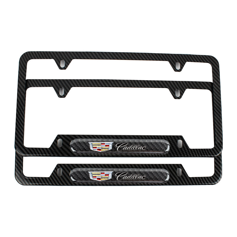 Brand New Universal 2PCS CADILLAC Carbon Fiber Look Metal License Plate Frame