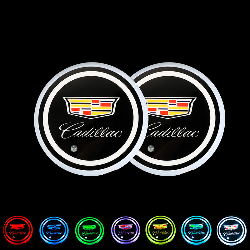 BRAND NEW UNIVERSAL V2 2PCS CADILLAC Switchable Seven Colorful LED Car Cup Holder Mat Coaster Pad