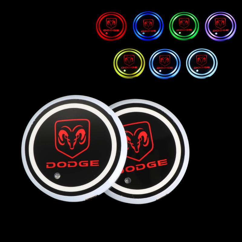 BRAND NEW UNIVERSAL V2 2PCS DODGE Switchable Seven Colorful LED Car Cup Holder Mat Coaster Pad