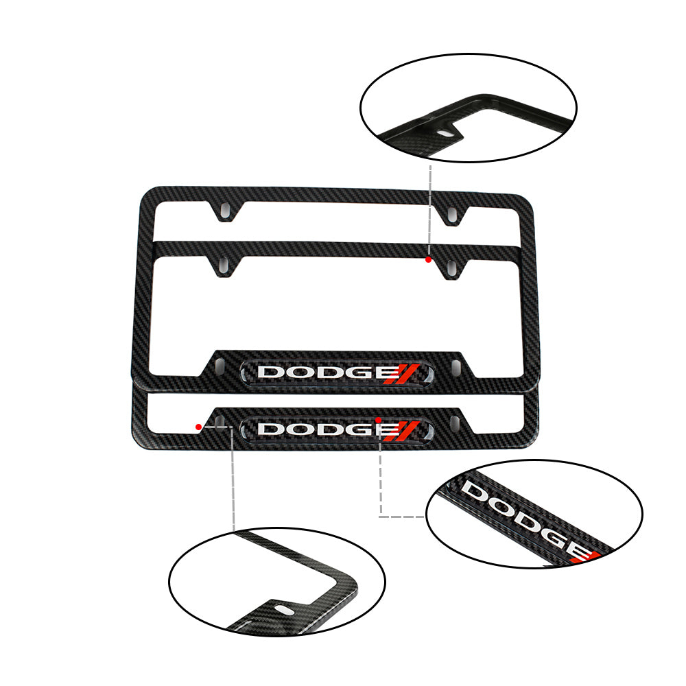 Brand New Universal 2PCS Dodge Carbon Fiber Look Metal License Plate Frame