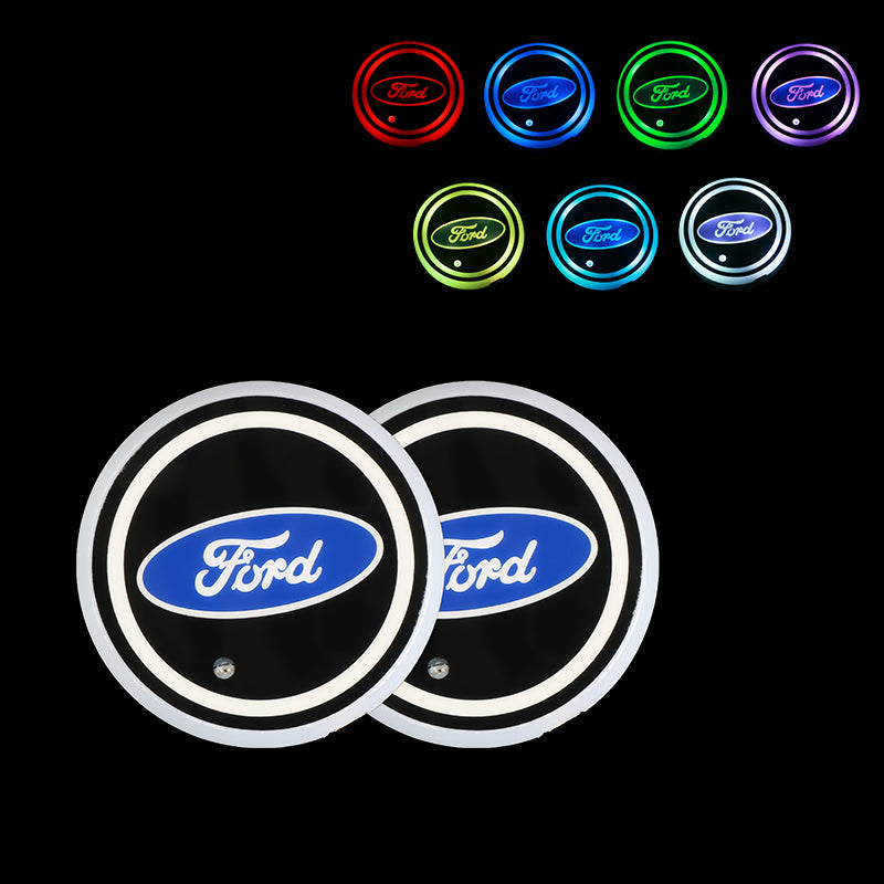 BRAND NEW UNIVERSAL V2 2PCS FORD Switchable Seven Colorful LED Car Cup Holder Mat Coaster Pad