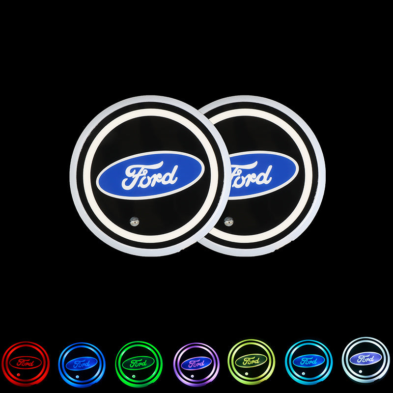 BRAND NEW UNIVERSAL V2 2PCS FORD Switchable Seven Colorful LED Car Cup Holder Mat Coaster Pad