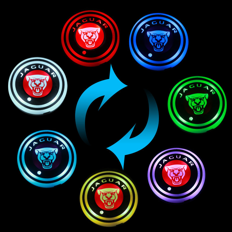 BRAND NEW UNIVERSAL V2 2PCS JAGUAR FACE Switchable Seven Colorful LED Car Cup Holder Mat Coaster Pad