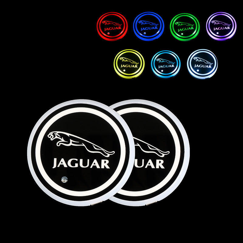 BRAND NEW UNIVERSAL V2 2PCS JAGUAR Switchable Seven Colorful LED Car Cup Holder Mat Coaster Pad