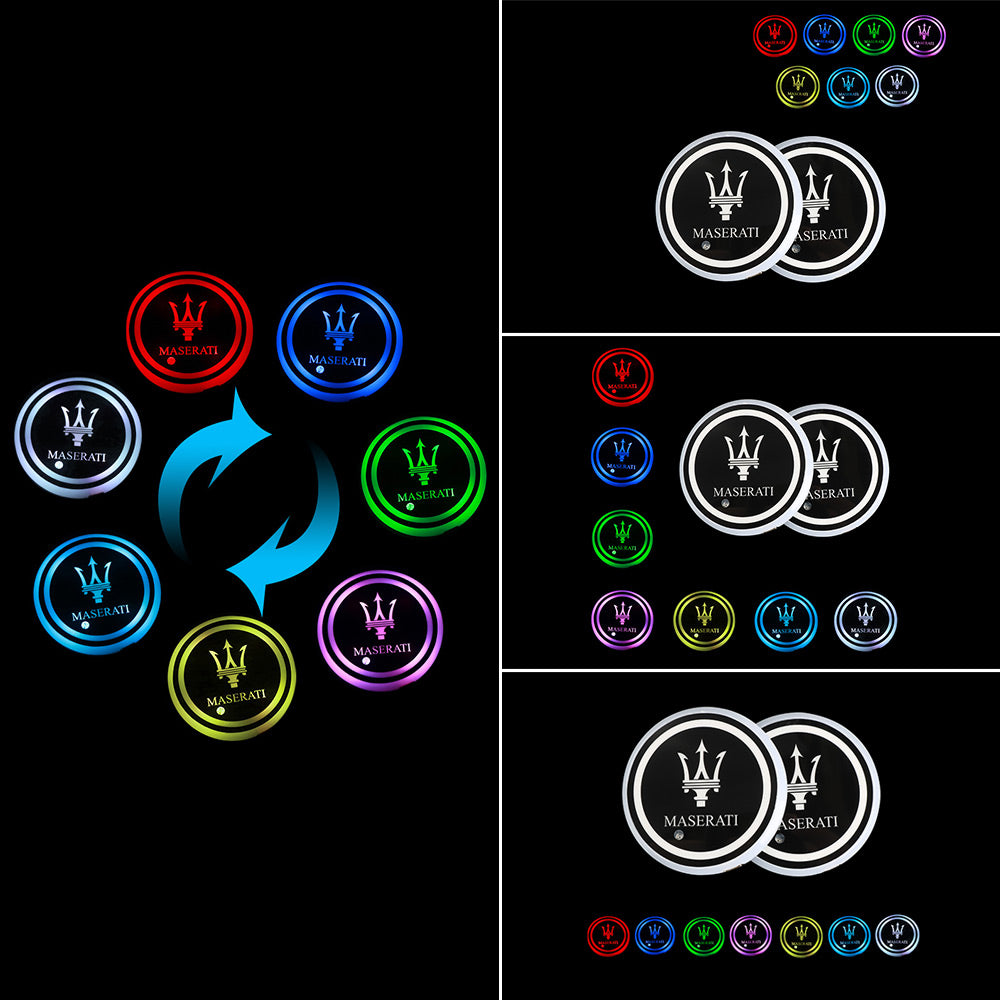 BRAND NEW UNIVERSAL V2 2PCS MASERATI Switchable Seven Colorful LED Car Cup Holder Mat Coaster Pad - JK Racing Inc