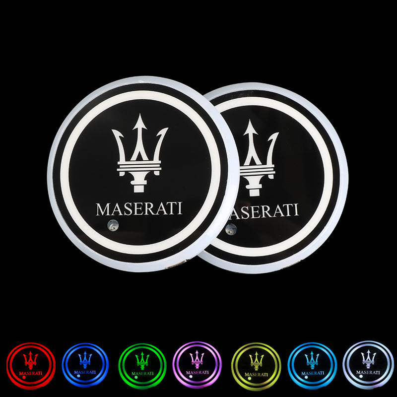 BRAND NEW UNIVERSAL V2 2PCS MASERATI Switchable Seven Colorful LED Car Cup Holder Mat Coaster Pad - JK Racing Inc
