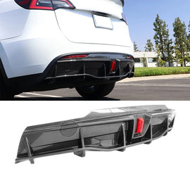 BRAND NEW 2020-2024 Tesla Model Y Rear Bumper ABS Diffuser Lip Kit W/ LED Flashing Light Carbon Fiber Print