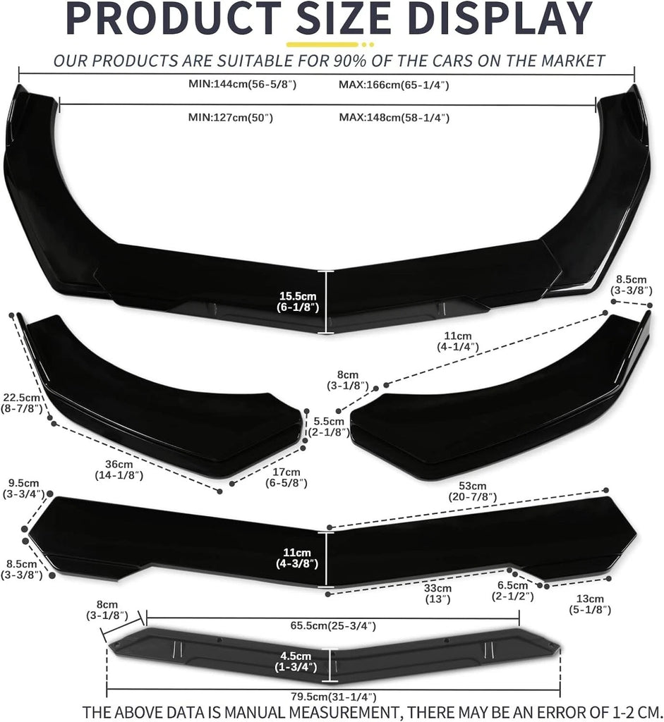 Brand New 5PCS UNIVERSAL GLOSSY BLACK / BLACK FRONT BUMPER LIP SPLITTER KIT
