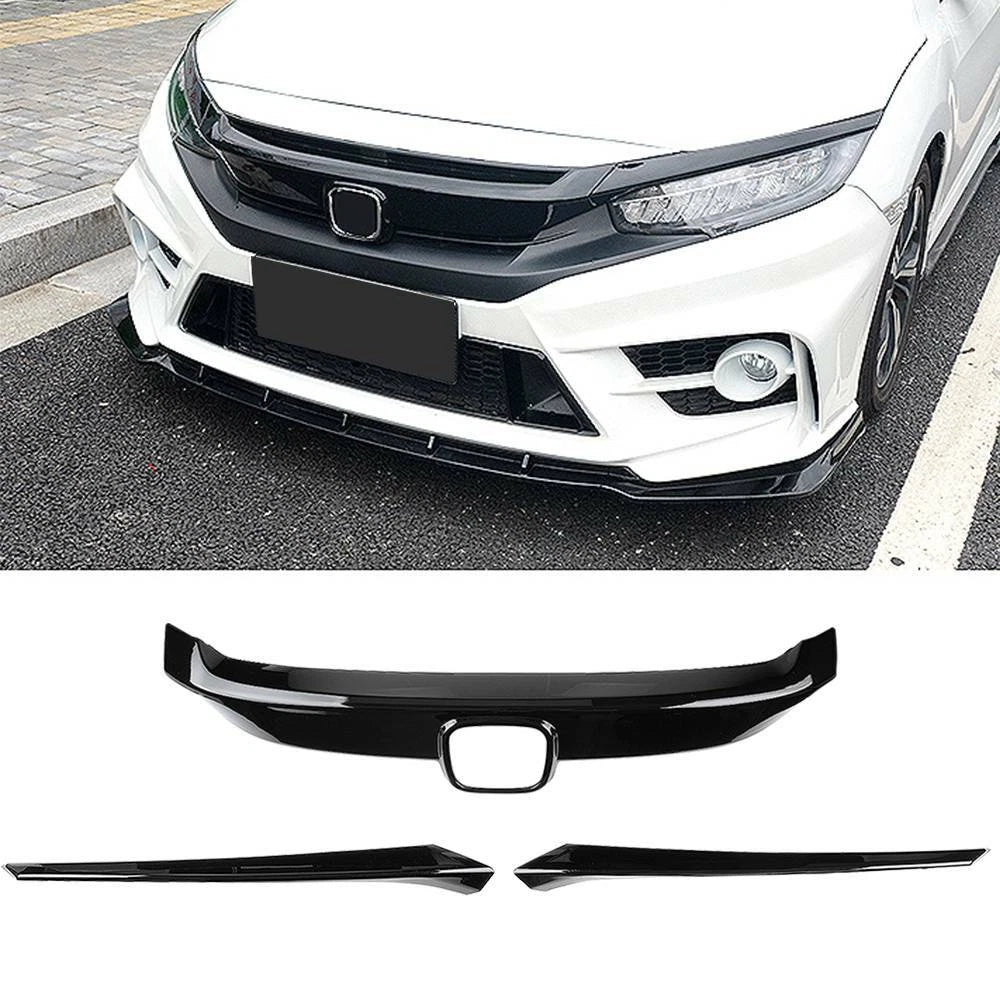 BRAND NEW 3PCS 2016-2021 Honda Civic ABS Glossy Black Front Grille Cover Moulding Trim + Eye Lid