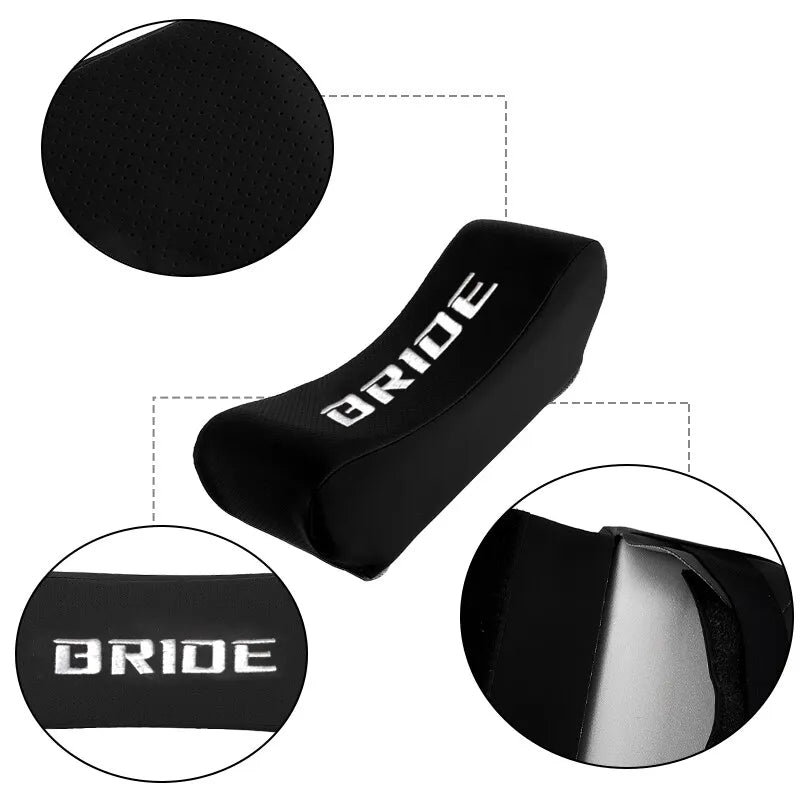 BRAND NEW UNIVERSAL 2PCS JDM BRIDE Embroidery Black Leather Car Neck Rest Pillow Headrest Cushion