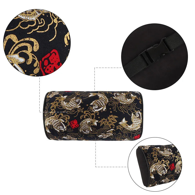 BRAND NEW 2PCS JDM SAKURA Black Koi Fish Fabric Soft Cotton Car Neck Rest Pillow Headrest