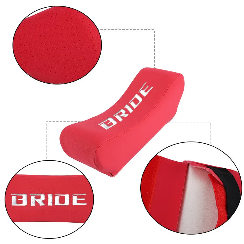 BRAND NEW UNIVERSAL 2PCS JDM BRIDE Embroidery Red Leather Car Neck Rest Pillow Headrest Cushion