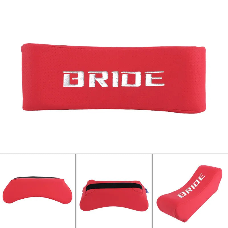 BRAND NEW UNIVERSAL 2PCS JDM BRIDE Embroidery Red Leather Car Neck Rest Pillow Headrest Cushion