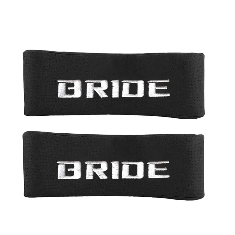 BRAND NEW UNIVERSAL 2PCS JDM BRIDE Embroidery Black Leather Car Neck Rest Pillow Headrest Cushion