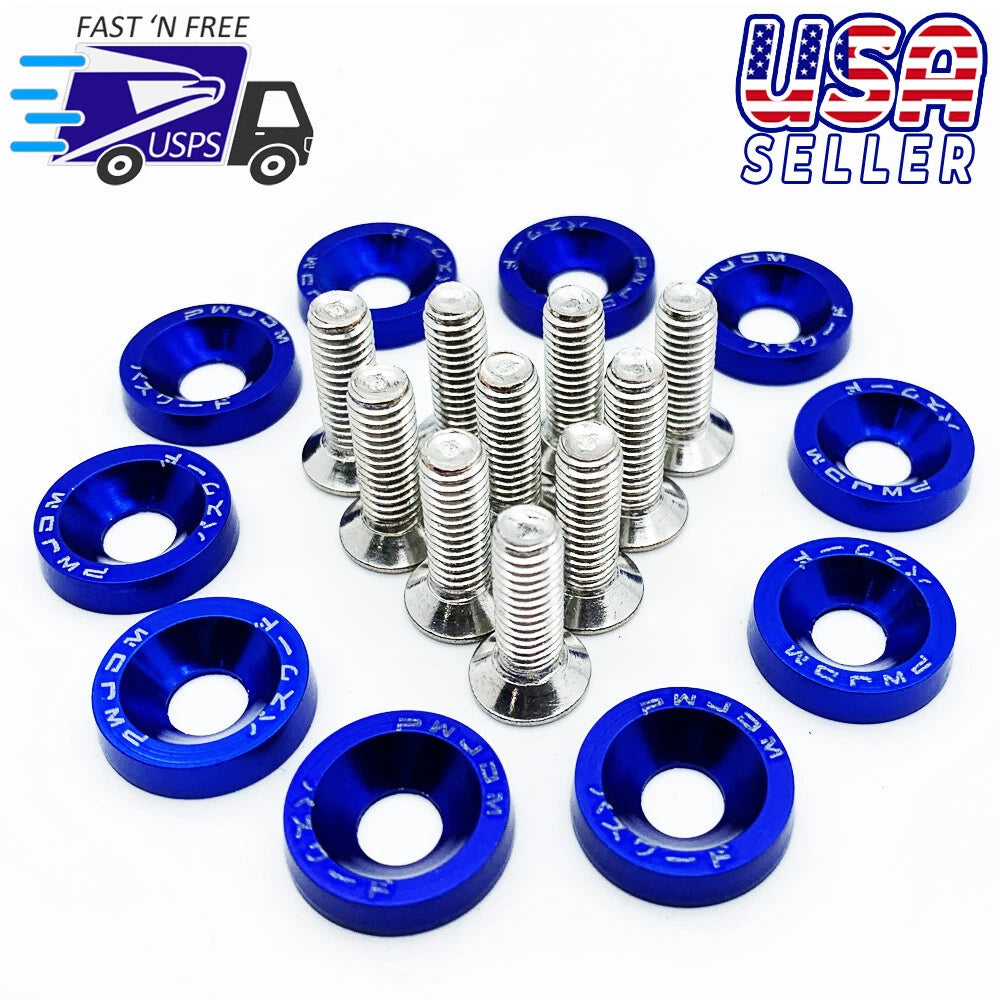 BRAND NEW 10PCS PASSWORD JDM BLUE ALUMINUM Fender Washers Engine Bolt Dress Up Kit - USA