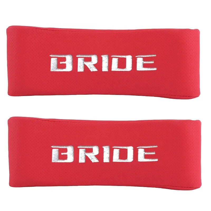 BRAND NEW UNIVERSAL 2PCS JDM BRIDE Embroidery Red Leather Car Neck Rest Pillow Headrest Cushion