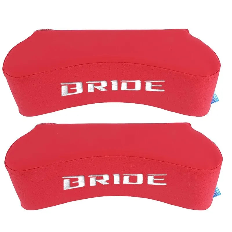 BRAND NEW UNIVERSAL 2PCS JDM BRIDE Embroidery Red Leather Car Neck Rest Pillow Headrest Cushion