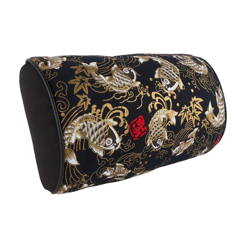 BRAND NEW 1PCS JDM SAKURA Black Koi Fish Fabric Soft Cotton Car Neck Rest Pillow Headrest