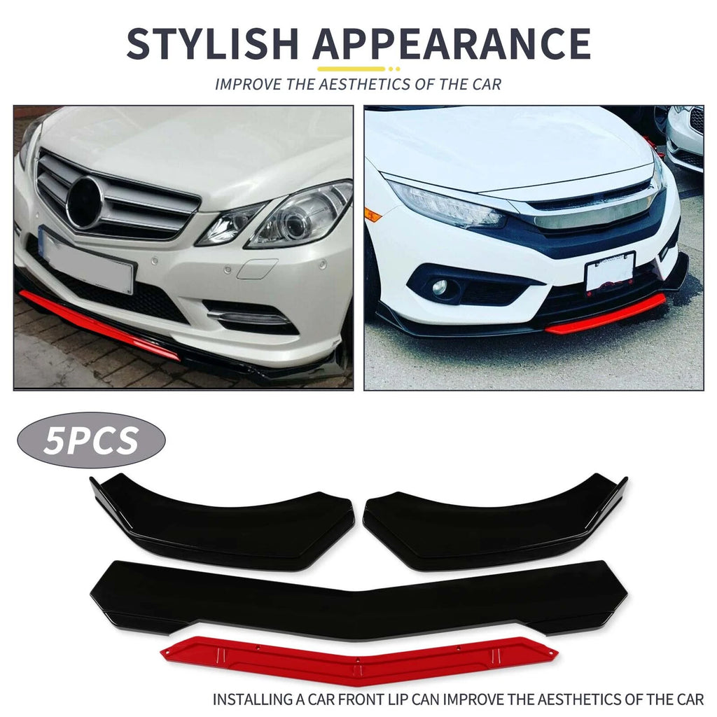 Brand New 5PCS UNIVERSAL GLOSSY BLACK / RED FRONT BUMPER LIP SPLITTER KIT