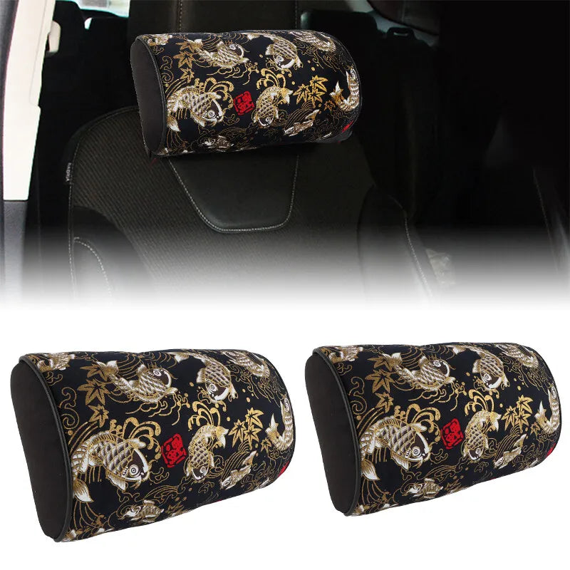 BRAND NEW 2PCS JDM SAKURA Black Koi Fish Fabric Soft Cotton Car Neck Rest Pillow Headrest