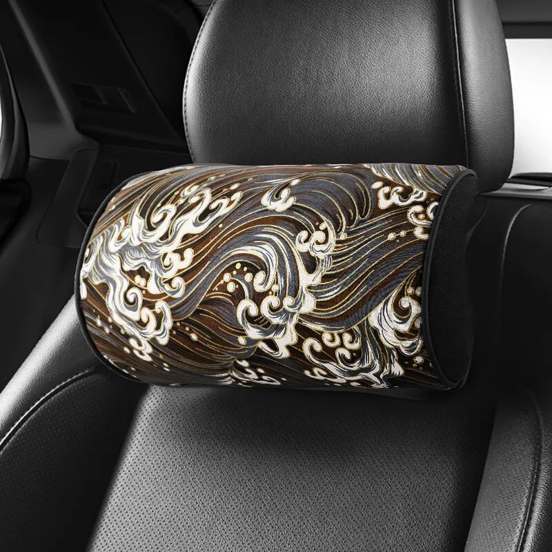 BRAND NEW 2PCS JDM SAKURA Black Wave Fabric Soft Cotton Car Neck Rest Pillow Headrest