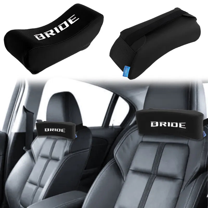 BRAND NEW UNIVERSAL 1PCS JDM BRIDE Embroidery Black Leather Car Neck Rest Pillow Headrest Cushion