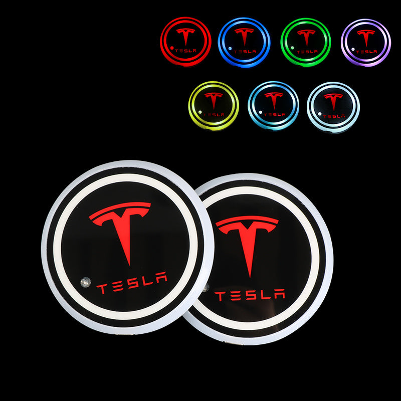 BRAND NEW UNIVERSAL V2 2PCS TESLA Switchable Seven Colorful LED Car Cup Holder Mat Coaster Pad