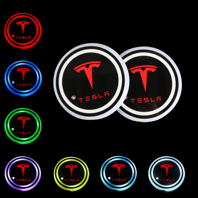 BRAND NEW UNIVERSAL V2 2PCS TESLA Switchable Seven Colorful LED Car Cup Holder Mat Coaster Pad