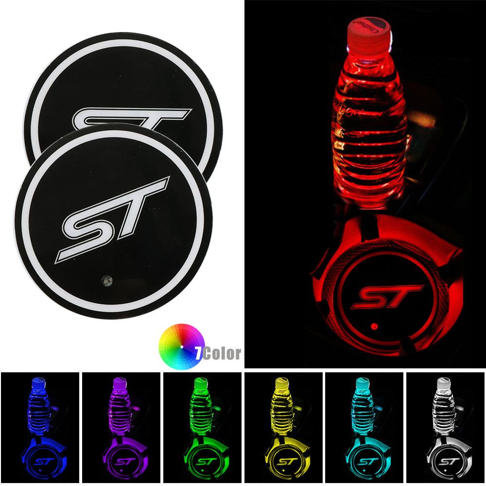 BRAND NEW UNIVERSAL 2PCS ST RACING Switchable Seven Colorful LED Car Cup Holder Mat Coaster Pad