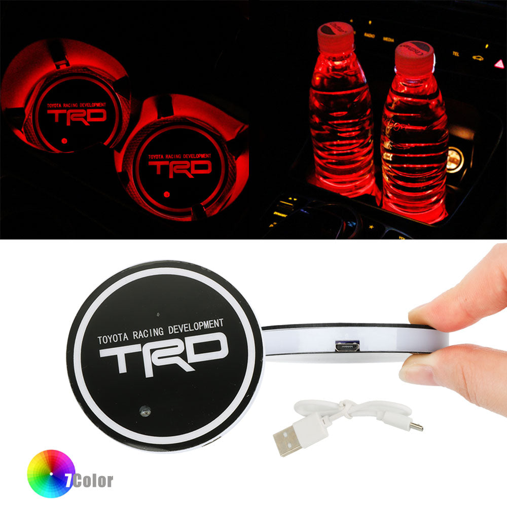 BRAND NEW UNIVERSAL 2PCS TRD Switchable Seven Colorful LED Car Cup Holder Mat Coaster Pad