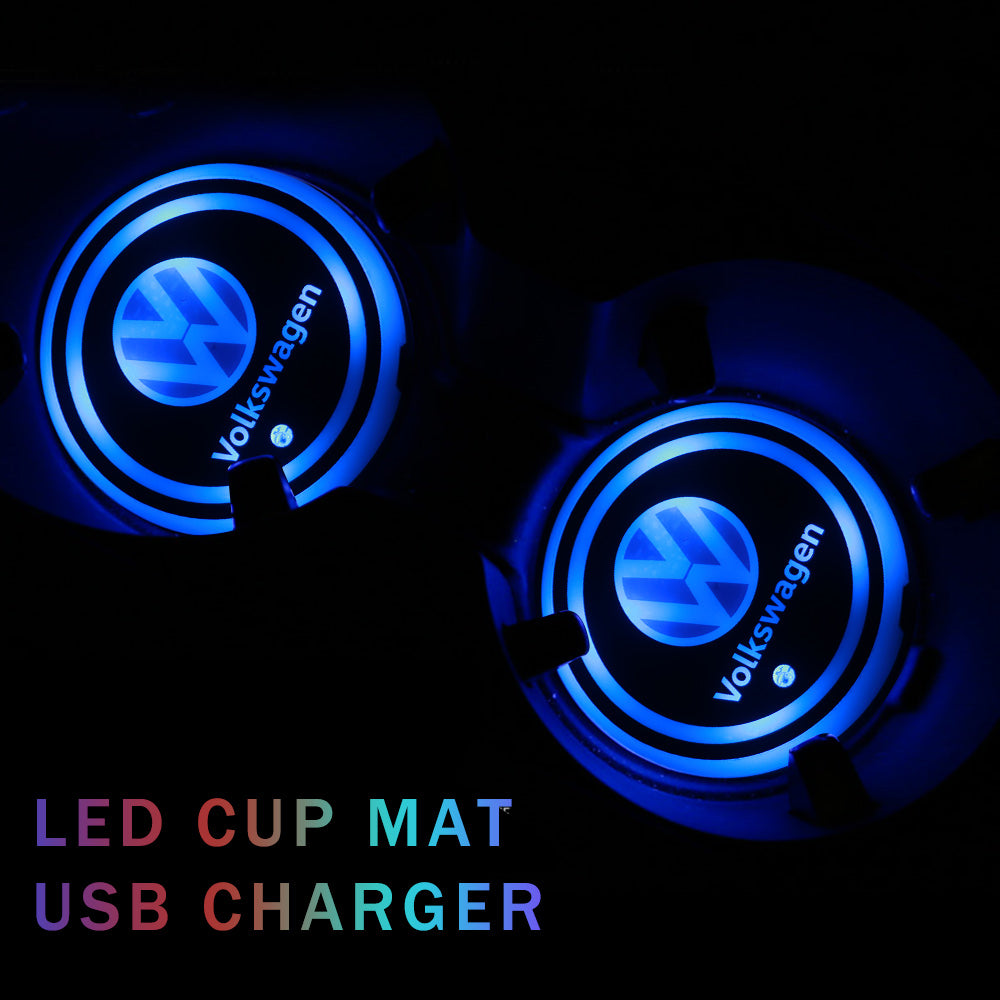 BRAND NEW UNIVERSAL V2 2PCS VOLKSWAGEN Switchable Seven Colorful LED Car Cup Holder Mat Coaster Pad