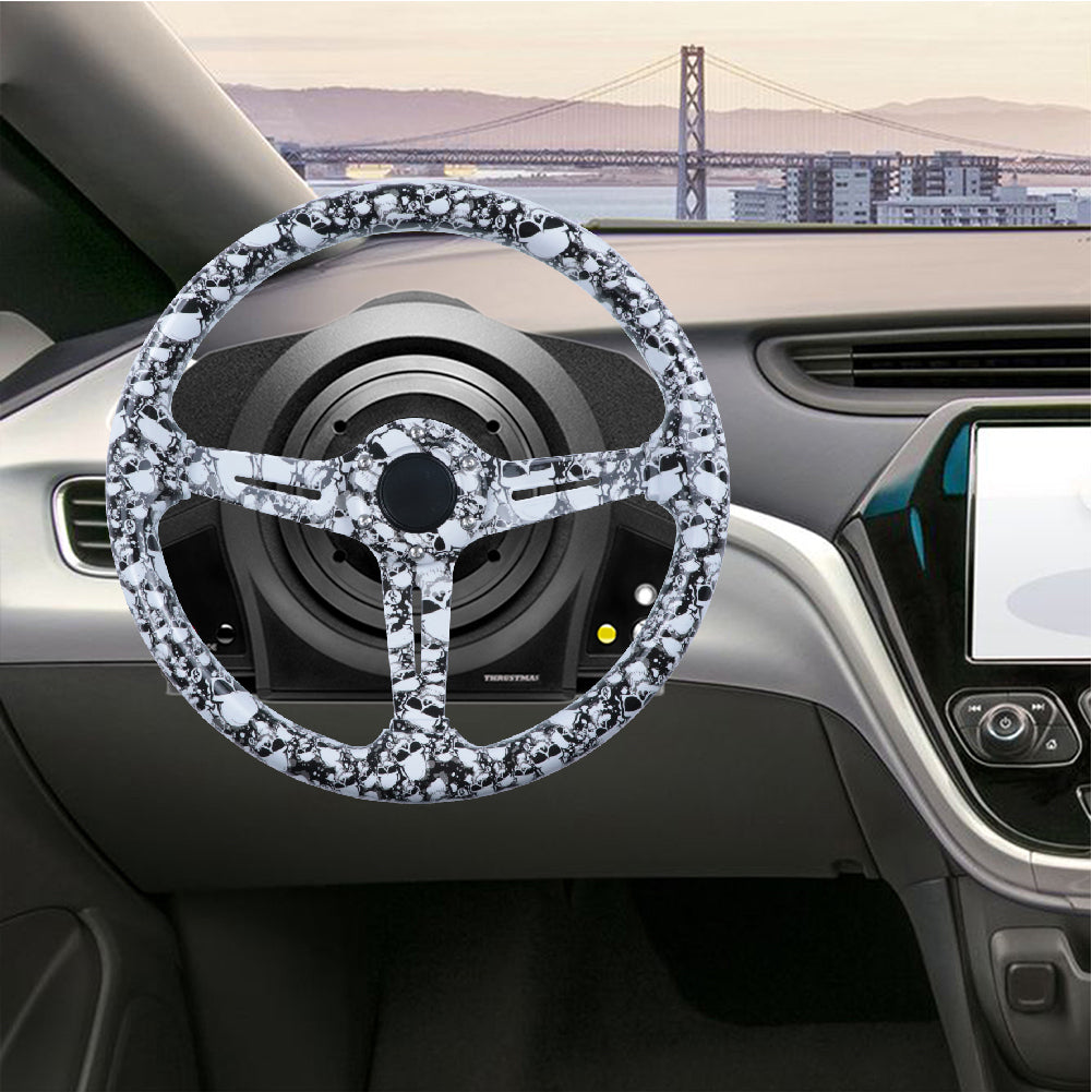 BRAND NEW UNIVERSAL 350MM 14'' Graphic Skull Look Acrylic Deep Dish 6 Holes Steering Wheel w/Horn Button Cover