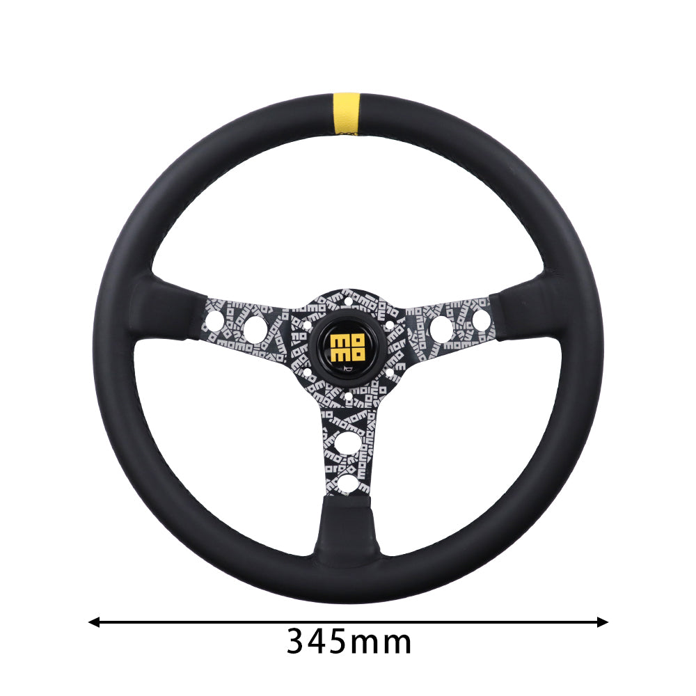 Brand New 350mm 14" Deep Dish Racing Momo Black Steering Wheel PVC Leather Black Spoke