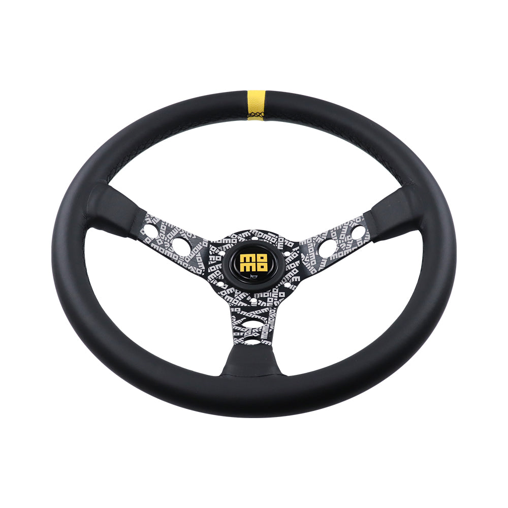 Brand New 350mm 14" Deep Dish Racing Momo Black Steering Wheel PVC Leather Black Spoke