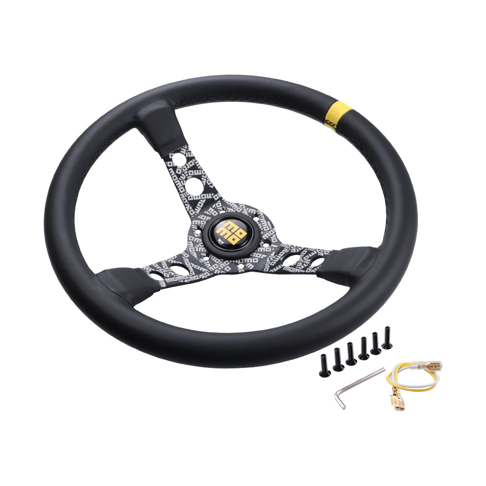 Brand New 350mm 14" Deep Dish Racing Momo Black Steering Wheel PVC Leather Black Spoke