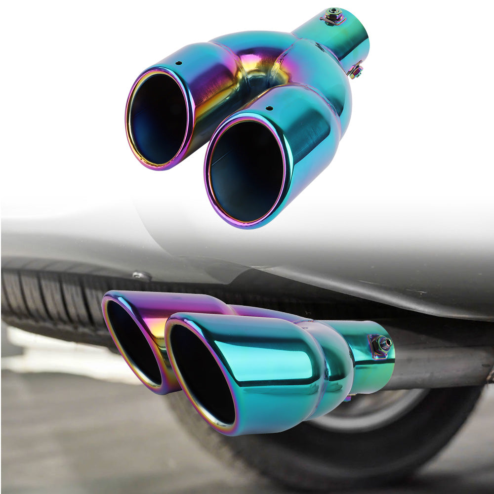 Brand New Universal Dual Neo Chrome Round Shaped Stainless Steel Car Exhaust Pipe Muffler Tip Trim Straight