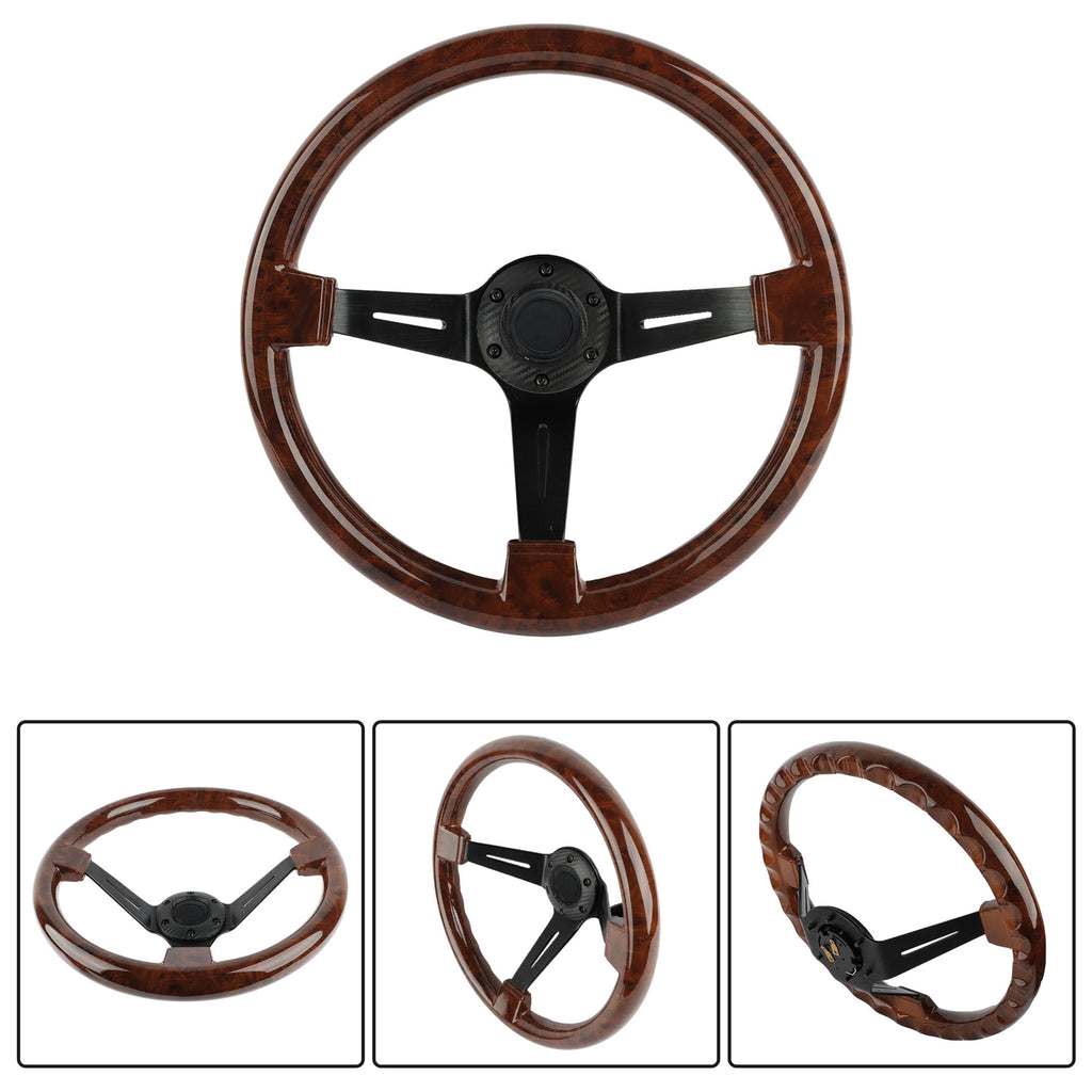 Brand New 350mm 14" Universal JDM Deep Dish Dark Wood ABS Racing Steering Wheel Black Spoke