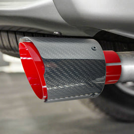 Brand New Universal 2.5'' 63MM-89MM Red Glossy Carbon Fiber Stainless Steel Car Exhaust Pipe Single Muffler Tip Trim Straight