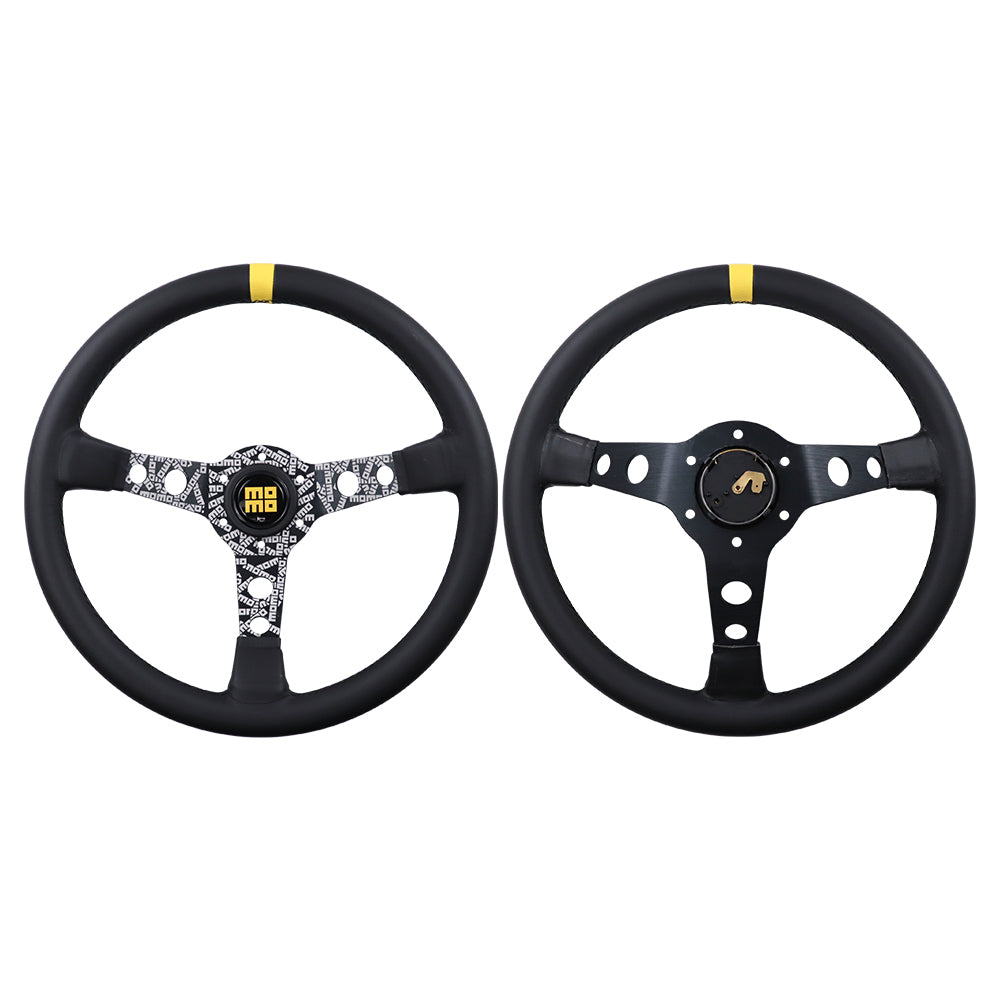 Brand New 350mm 14" Deep Dish Racing Momo Black Steering Wheel PVC Leather Black Spoke