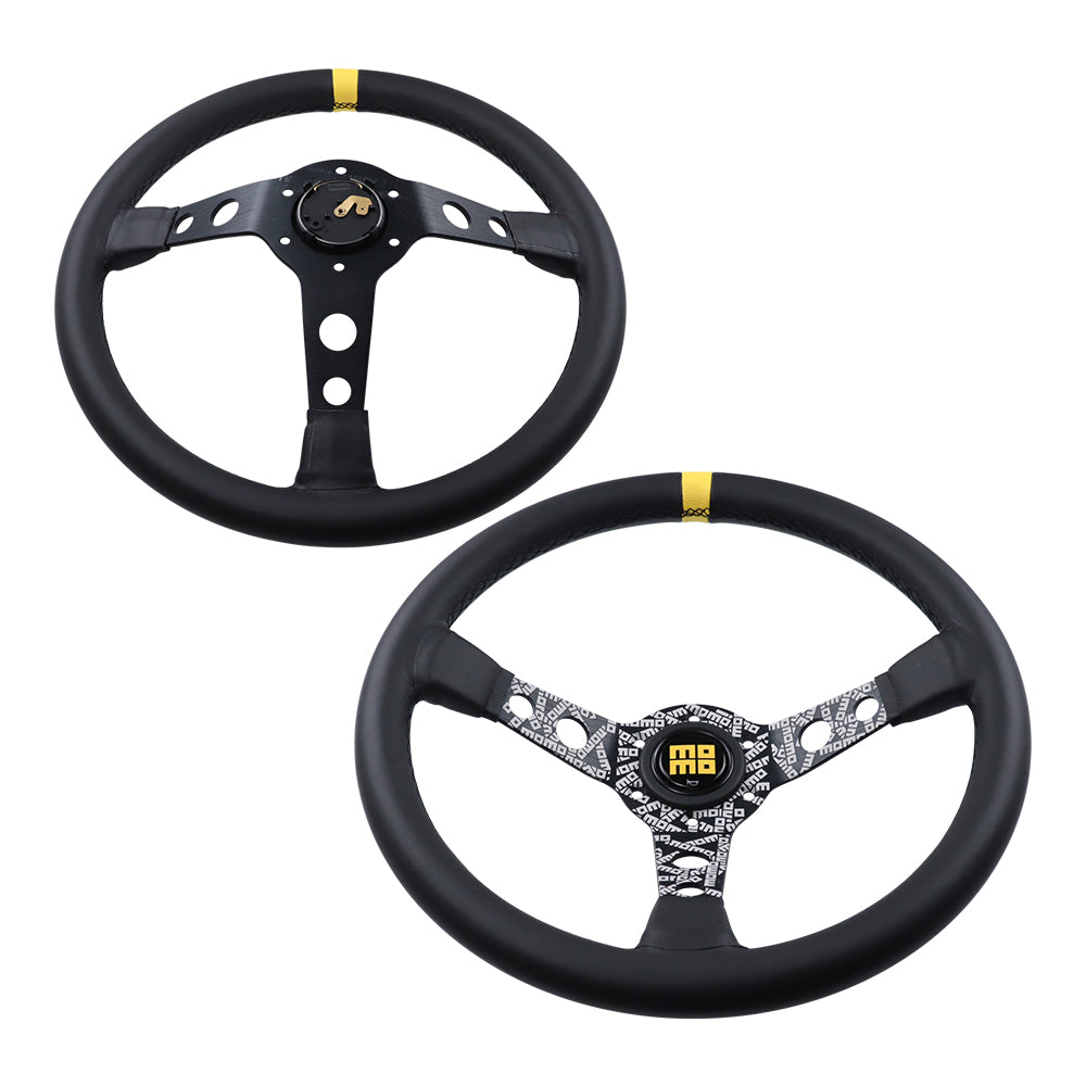 Brand New 350mm 14" Deep Dish Racing Momo Black Steering Wheel PVC Leather Black Spoke