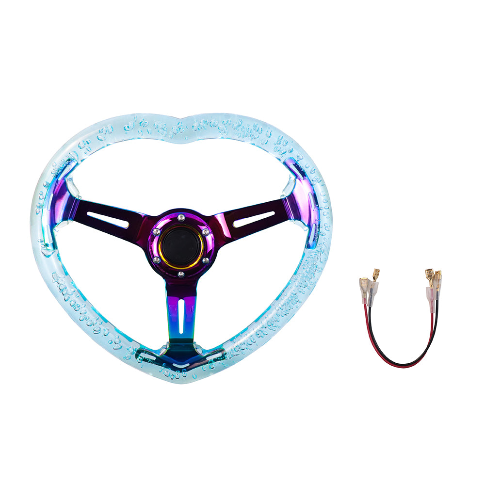 Brand New Universal 6-Hole 350MM Heart Light Blue Deep Dish Vip Crystal Bubble Neo Spoke Steering Wheel