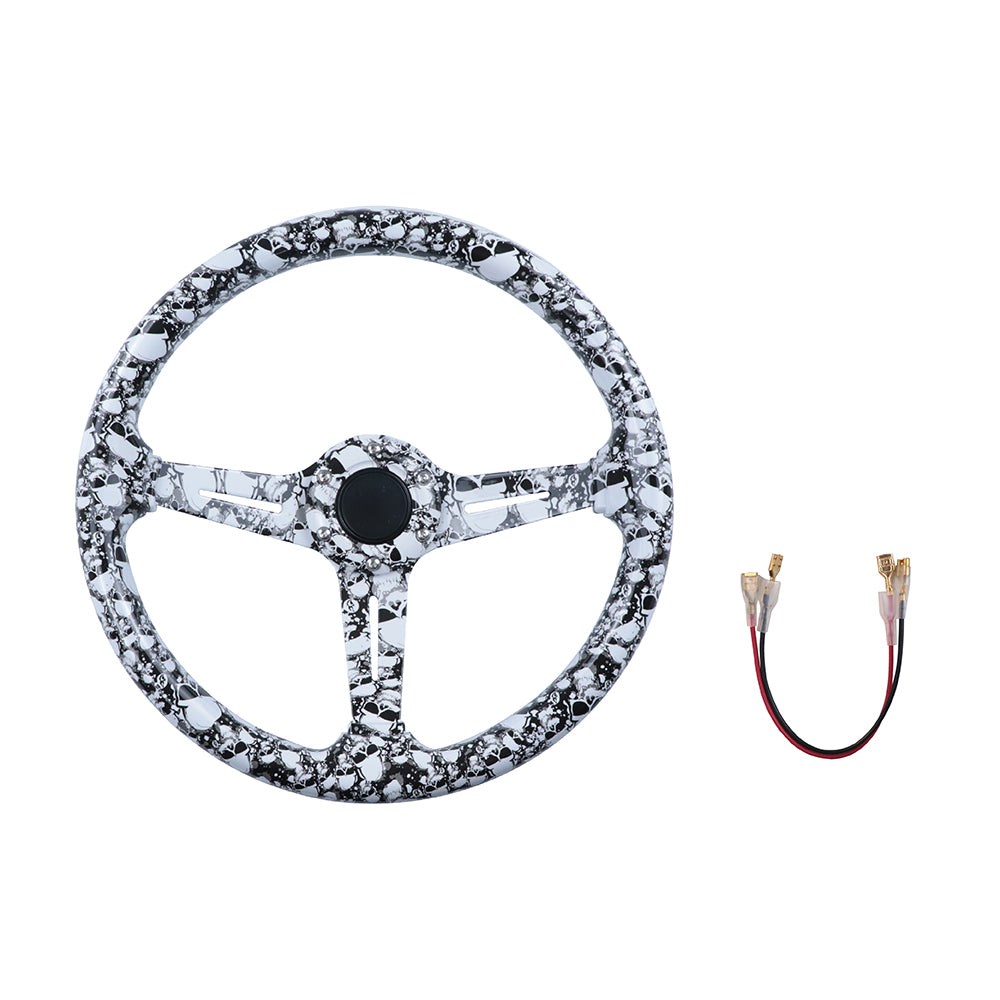 BRAND NEW UNIVERSAL 350MM 14'' Graphic Skull Look Acrylic Deep Dish 6 Holes Steering Wheel w/Horn Button Cover