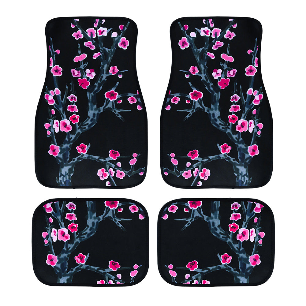 Brand New Universal 4PCS SAKURA FLOWER Racing Black Fabric Car Floor Mats Interior Carpets