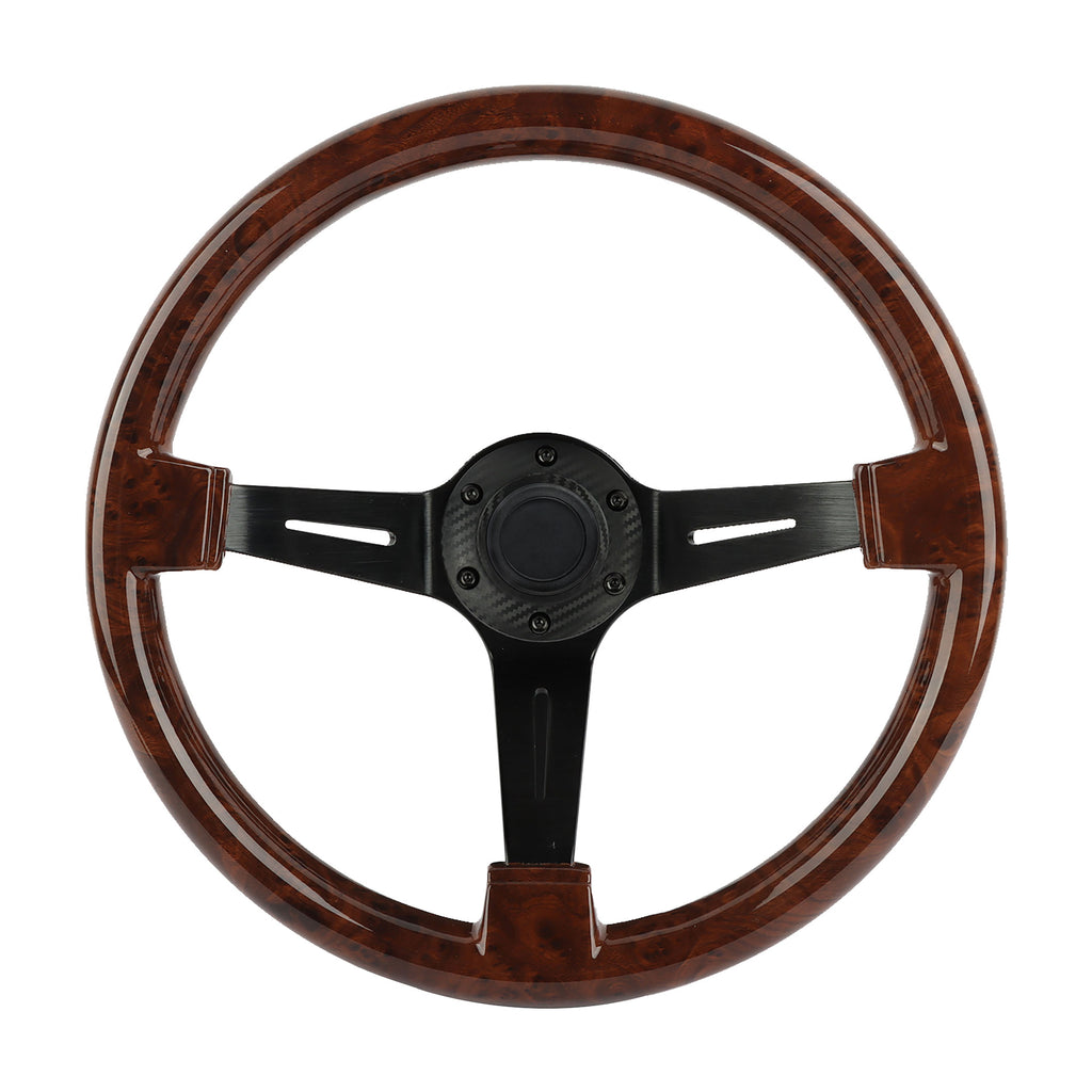 Brand New 350mm 14" Universal JDM Deep Dish Dark Wood ABS Racing Steering Wheel Black Spoke
