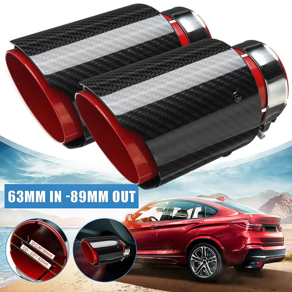 Brand New Universal 2.5'' 63MM-89MM Red Glossy Carbon Fiber Stainless Steel Car Exhaust Pipe Single Muffler Tip Trim Straight