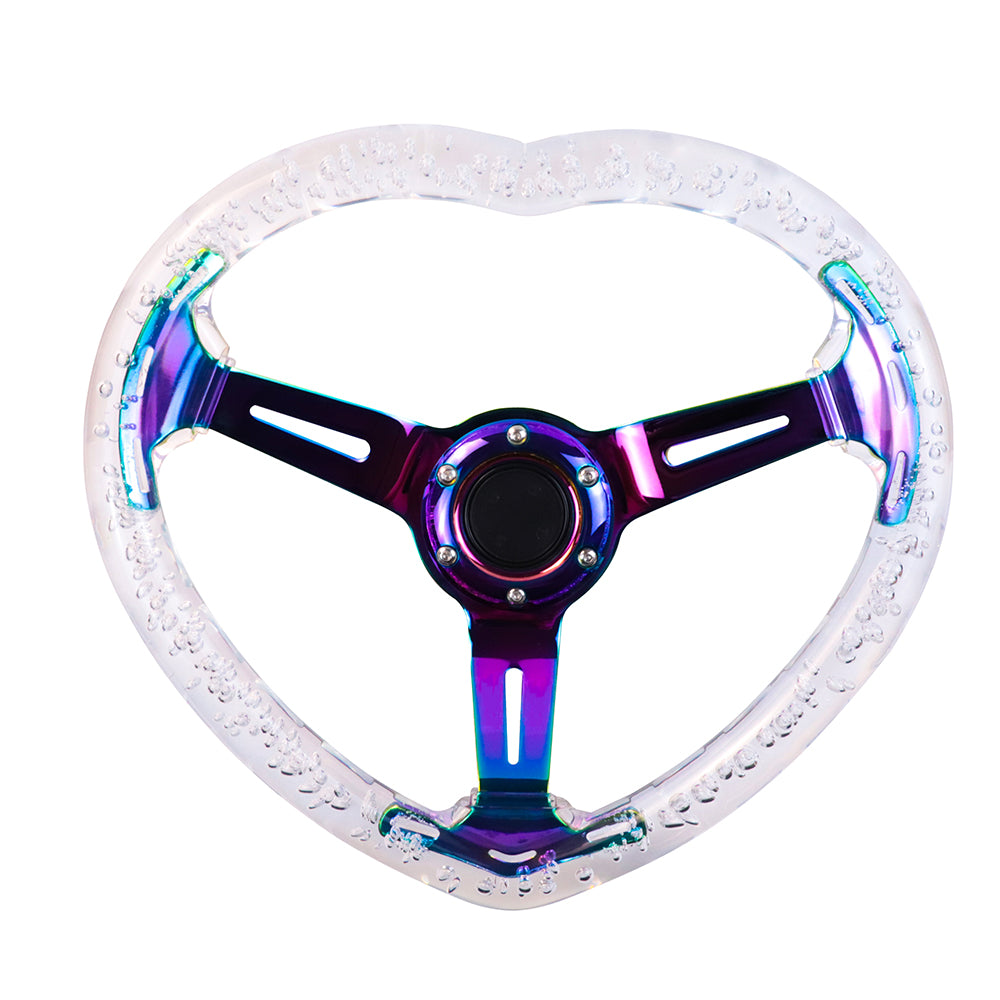 Brand New Universal 6-Hole 350MM Heart Clear Deep Dish Vip Crystal Bubble Neo Spoke Steering Wheel